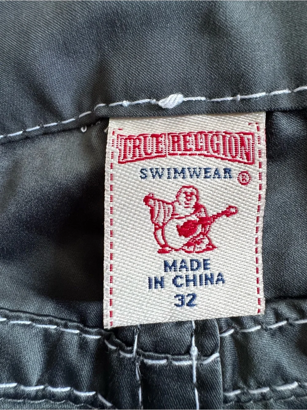 True Religion World Tour Board Shorts Mens 32 Gray White Stitch Swim Surf Y2K